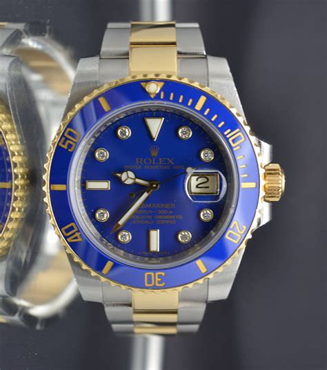 rolex submariner 18k gold blue dial ceramic bezel diamond markers|Rolex Submariner 116613 blue dial.